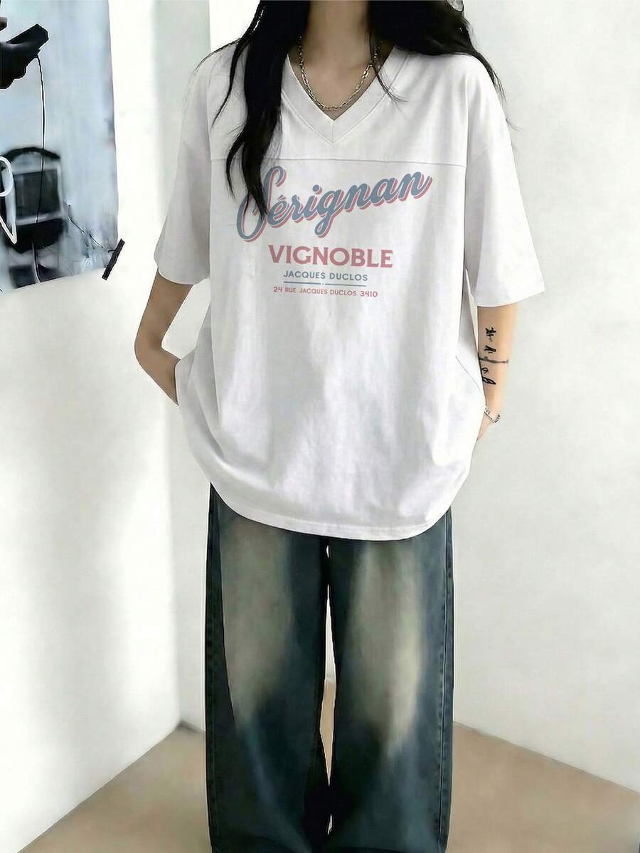 Áo thun nữ thời trang dáng rộng phong cách casual retro cổ chữ V in chữ tay ngắn, dễ phối đồ cho mùa hè màu trắng - trắng - Xem 1