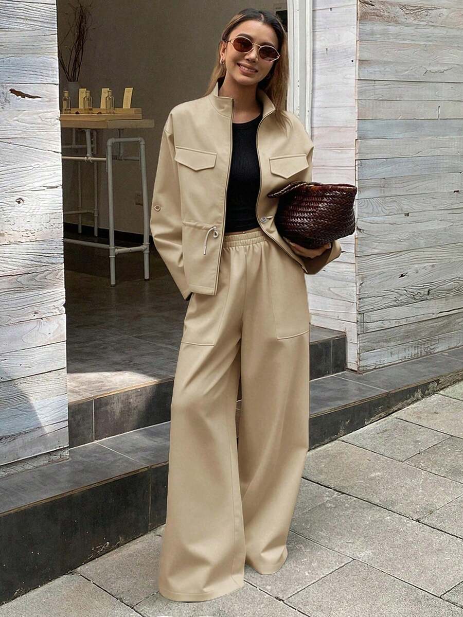 Conjunto de 2 piezas de top holgado con cuello alto y cintura ceñida y pantalones casuales, conjunto de ropa de estar en casa para mujer en otoño/invierno - Caqui 2 - Ver 1