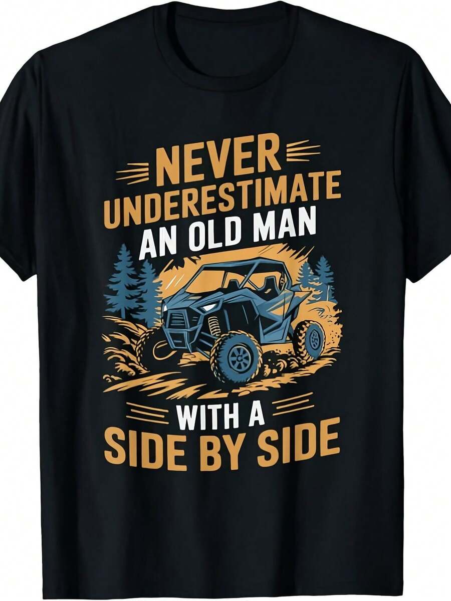 Herren Retro UTV Offroad-Grafik-T-Shirt – "Unterschätze niemals einen alten Mann mit einem Side-by-Side-Slogan", mit orangefarbenem/ATV-Design, bequemer Passform, Rundhals-Freizeit-T-Shirt für Ganzjahreskleidung, Outdoor-Abenteuer & UTV-Enthusiasten, Valentinstag - Schwarz - Übersicht 1