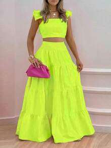 Conjunto de Dos Piezas para Mujer, Top Corto con Volantes y Falda Larga de Volantes en Capas - Verde - Ver 1
