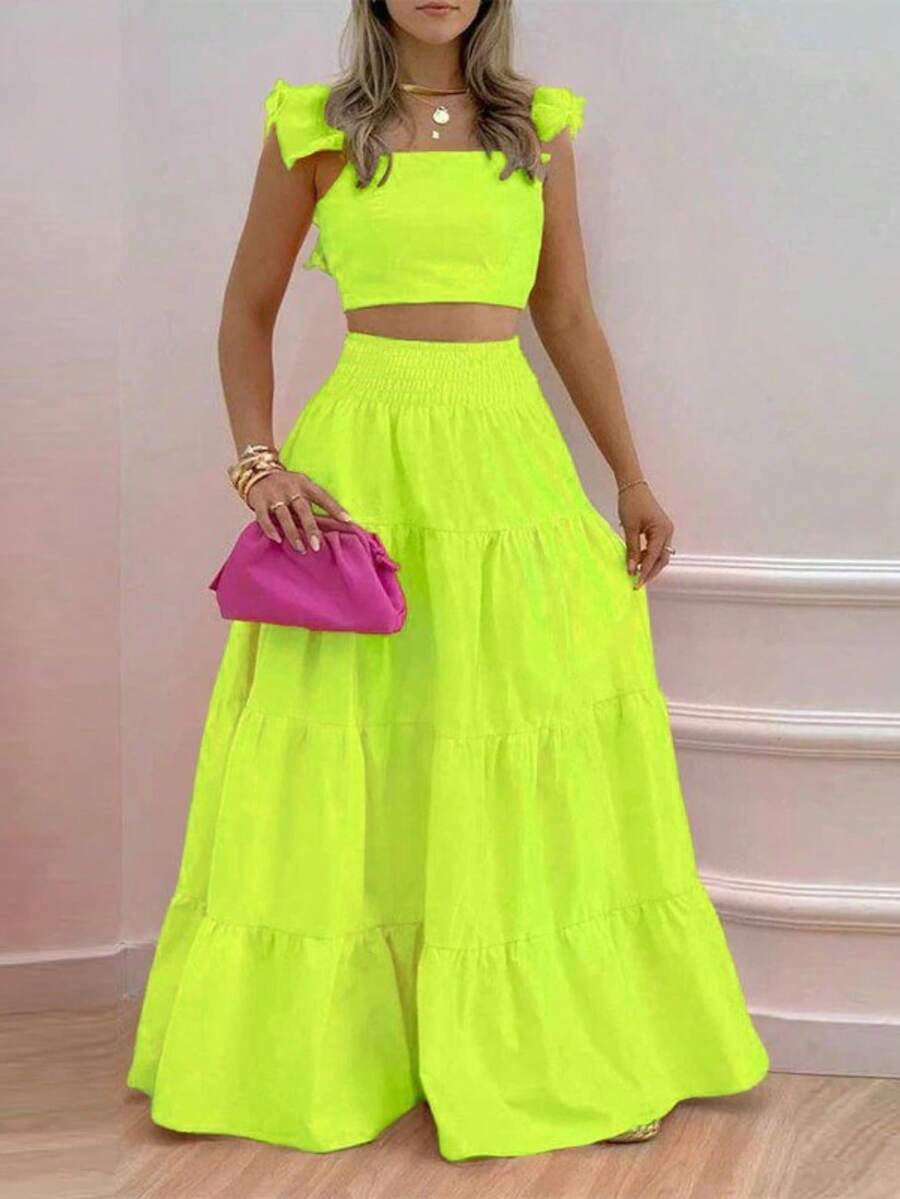 Conjunto de Dos Piezas para Mujer, Top Corto con Volantes y Falda Larga de Volantes en Capas - Verde - Ver 1