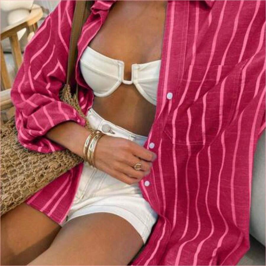 WNS Camisa casual de mujer de un solo pecho con hombros caídos y mangas enrolladas a rayas - Rosa Fucsia - Ver 1