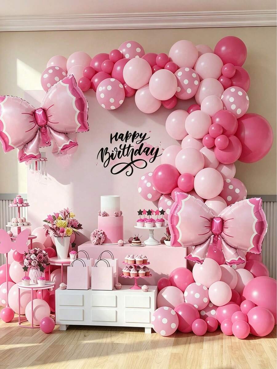 111pcs Rose Red & Pink Latex Balloon Set, Includes Pink Polka Dot Bow Foil Balloons, Shiny Pink Latex Balloons And Soft Pink Balloons In 18", 12", 10" And 5" Sizes, Suitable For Wedding, Birthday, Princess Party, Bridal Shower, Baby Shower Decoration - Rose Red - View 1