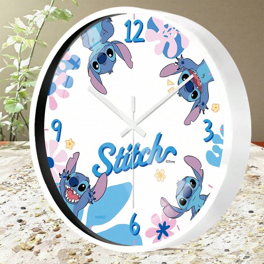 迪士尼 Lilo & Stitch 多姿勢史迪奇與淡雅花卉設計壁鐘,適合臥室、客廳與餐廳裝飾 - 白色的 - 查看 1