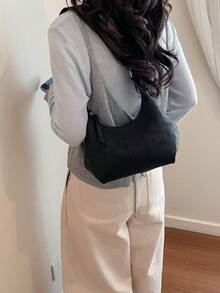 1 pieza Bolso bandolera mini de diseño minimalista, unicolor, multifuncional, de PU suave, cartera pequeña para mujer, estilo portátil para llevar bajo el brazo o en la mano - Negro - Ver 5