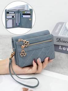 MIYIN Minimalist Vintage Rhombus Women's Wallet, Portable Snap Closure Short Wallet With Dual Zipper Coin Pocket, Card Slots, ID Window, And Wrist Strap - Multicolor - View 18