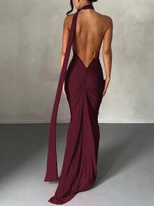 Vestido negro elegante de verano con espalda descubierta y drapeado - Burdeos - Ver 2