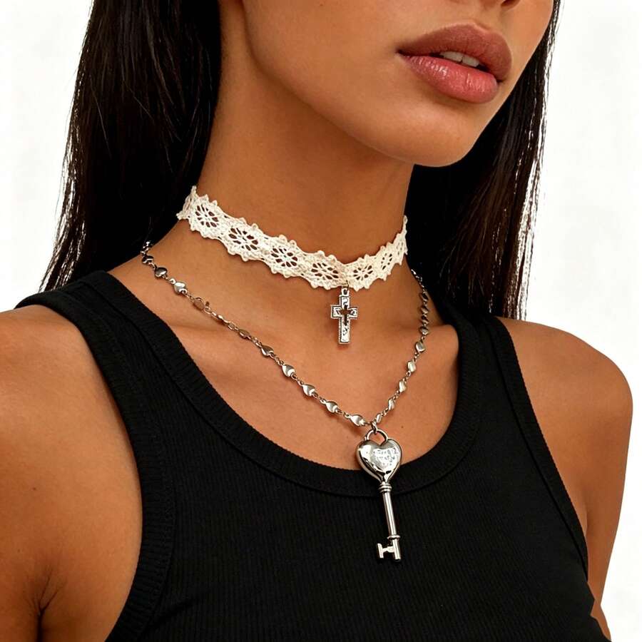 Bộ 2 mặt dây chuyền hình thánh giá ren trắng kiểu Y2K, dây chuyền hình trái tim hai lớp ngọt ngào và thanh lịch dành cho nữ, trang sức quà tặng thời trang dự tiệc - vòng cổ - Xem 1
