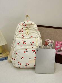 3pcs/Set White Nylon Casual Fresh Strawberry, Bow, Cherry Print Jacquard Drawstring Zipper Large Capacity Foldable Multi-Pocket Backpack Set, Suitable For Women Daily Matching, College Students, Training, School, Shopping, Travel - White - View 6