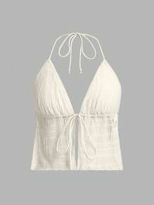 ICON Backless Mesh Halter Top With Split Tie Hem, Style Y2K - Apricot - View 1