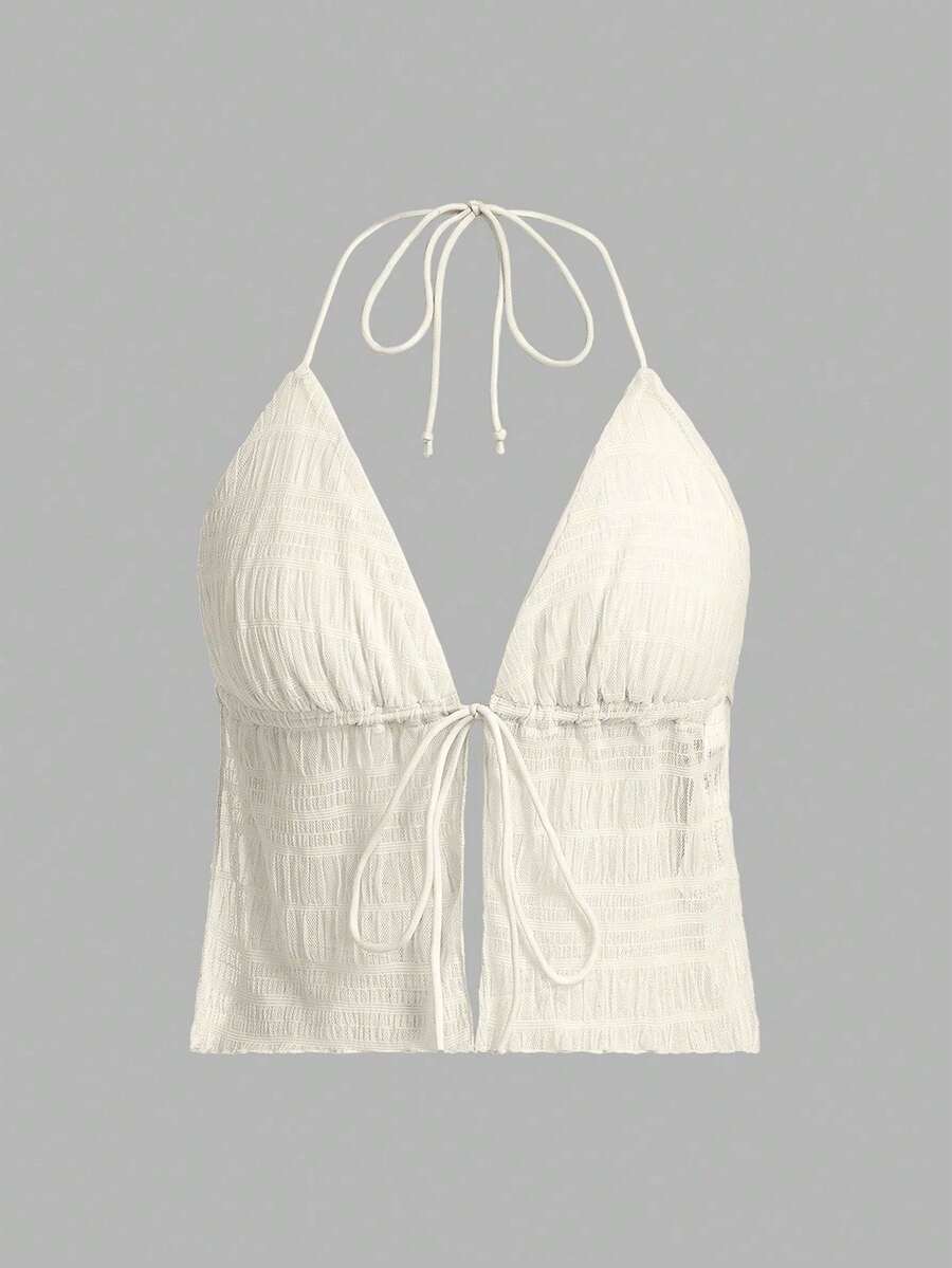 ICON Backless Mesh Halter Top With Split Tie Hem, Style Y2K - Apricot - View 1