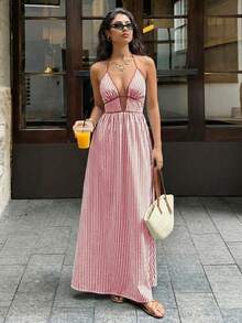 Halter Neck Striped Backless Dress Available In Multiple Colors - Burgundy - View 2