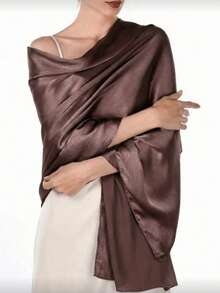 1 pieza Pañuelo de satén sedoso de unicolor estilo bohemio para mujer, chal casual de otoño con protección solar, adecuado para la vida diaria - Café integral - Ver 2