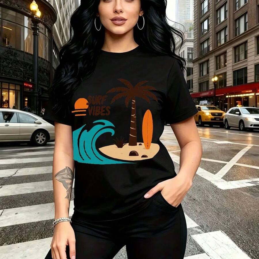 Camiseta de mujer con estampado tropical "SURF VIBES" mostrando ola azul, tabla de surf naranja y palmera al atardecer - diseño divertido y colorido para playa o ciudad, ajuste cómodo y fresco estilo casual urbano - regalo perfecto para mamá, esposa, - Negro - Ver 1