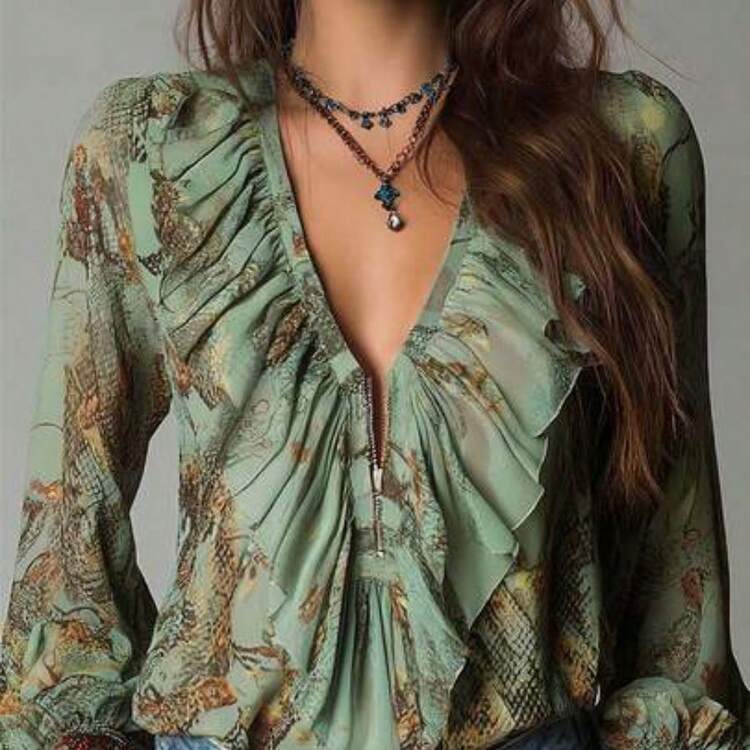 Blusa de mujer de verano con estampado integral, cuello en V profundo, cremallera y mangas con volantes, de estilo elegante y vintage al estilo de vacaciones francesas - verde salvia - Añade 1