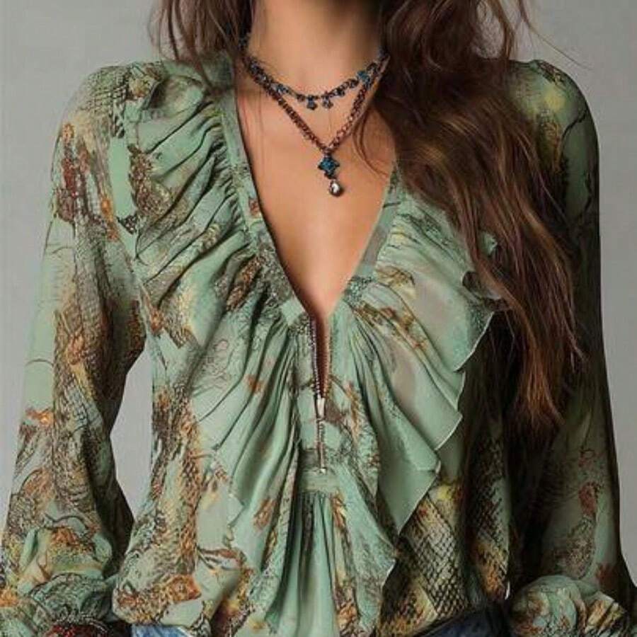 Blusa de mujer de verano con estampado integral, cuello en V profundo, cremallera y mangas con volantes, de estilo elegante y vintage al estilo de vacaciones francesas - verde salvia - Ver 1