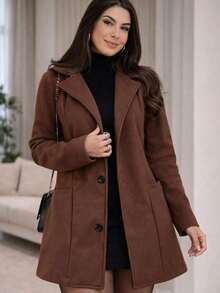 Women's Medium Overcoat With Pockets And Buttons, Elegant Wool, Winter - Rust Brown - View 4