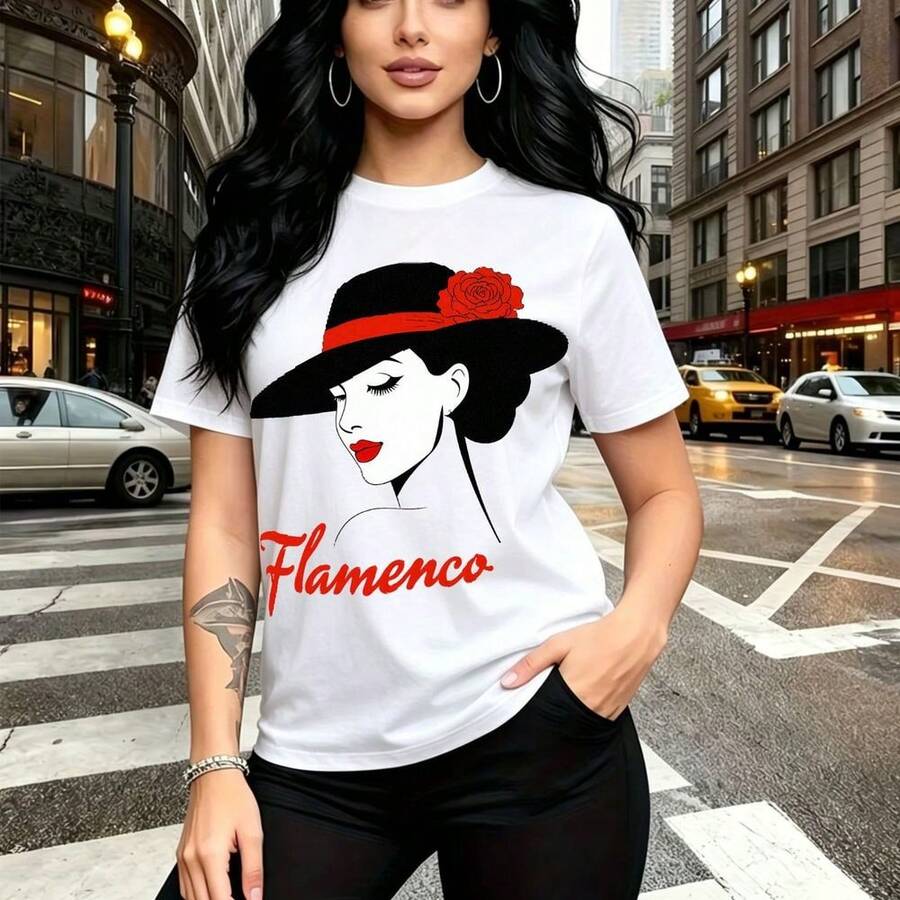Camiseta de mujer con estampado artístico de rostro con labios rojos y sombrero adornado con rosa, palabra "Flamenco" en caligrafía - camiseta negra de manga corta estilo urbano y moderno, ajuste cómodo y elegante para el calor del día - ideal para p - Blanco - Ver 1