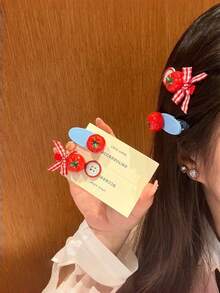 4pcs/Set Cute Tomato & Button Decor Hair Clip Set, Women's Sweet Plaid Bow Alligator Hair Clips, Daily Casual Bangs Clips, Girls Hair Accessories,Claw Clips - Multicolor - View 1