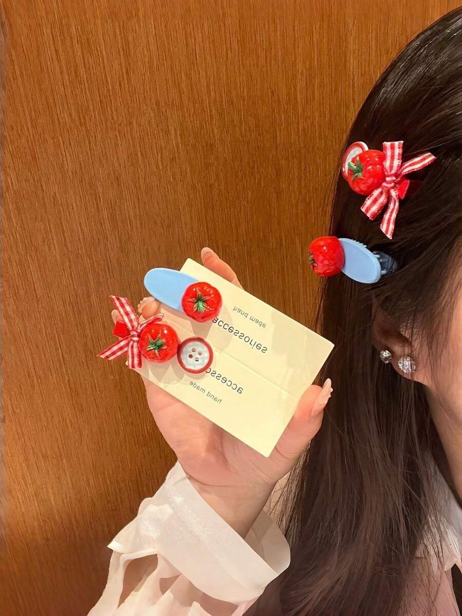 4pcs/Set Cute Tomato & Button Decor Hair Clip Set, Women's Sweet Plaid Bow Alligator Hair Clips, Daily Casual Bangs Clips, Girls Hair Accessories,Claw Clips - Multicolor - View 1