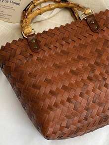 Bolso de tote de cesta tejido de colores, bolso cuadrado tejido de paja, bolso de mano de mujer con estilo campestre y elegante para vacaciones, de gran capacidad - Marrón - Ver 9