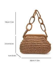 1件卡其色草編圓手柄單肩包，休閒夏季沙灘托特包，透氣輕量女款手提包，適合度假與日常使用 - 卡其色 - 查看 3