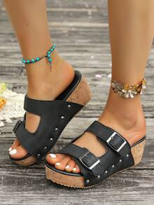 Thick-Soled Casual Outdoor Slippers For Teenagers, Fashion Beach Wedge Slides, Slip-On - Black - View 5