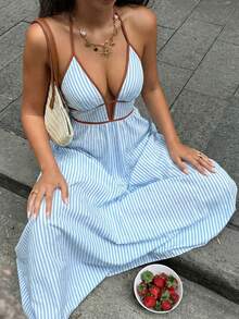Vestido Cuello Halter Espalda Descubierta Rayas Disponible en Múltiples Colores - Azul - Ver 6