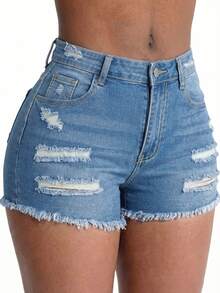 Șort din denim cu aspect uzat pentru femei mărimi mari, croială dreaptă, stil mini, casual, pentru vară - Spălare ușoară - Vizualizare 2