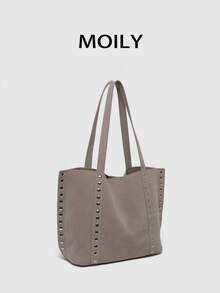 Black Large Capacity Commuter Women's Tote Bag, Fashionable Shoulder Bag With Multiple Rivet Niche Elements, Elegant Suede Design Handbag With Better Texture, Suitable For Dating, Daily Use, Shopping - Grey - View 4