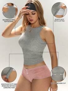 1pc Spring/Summer Ribbed Racerback Sports Tank Top, One-Piece Built-In Padded 2-In-1 Bra-Free Waist-Cinched Slimming Yoga Fitness Running Sleeveless Women's Base Layer Top - Grey - View 5