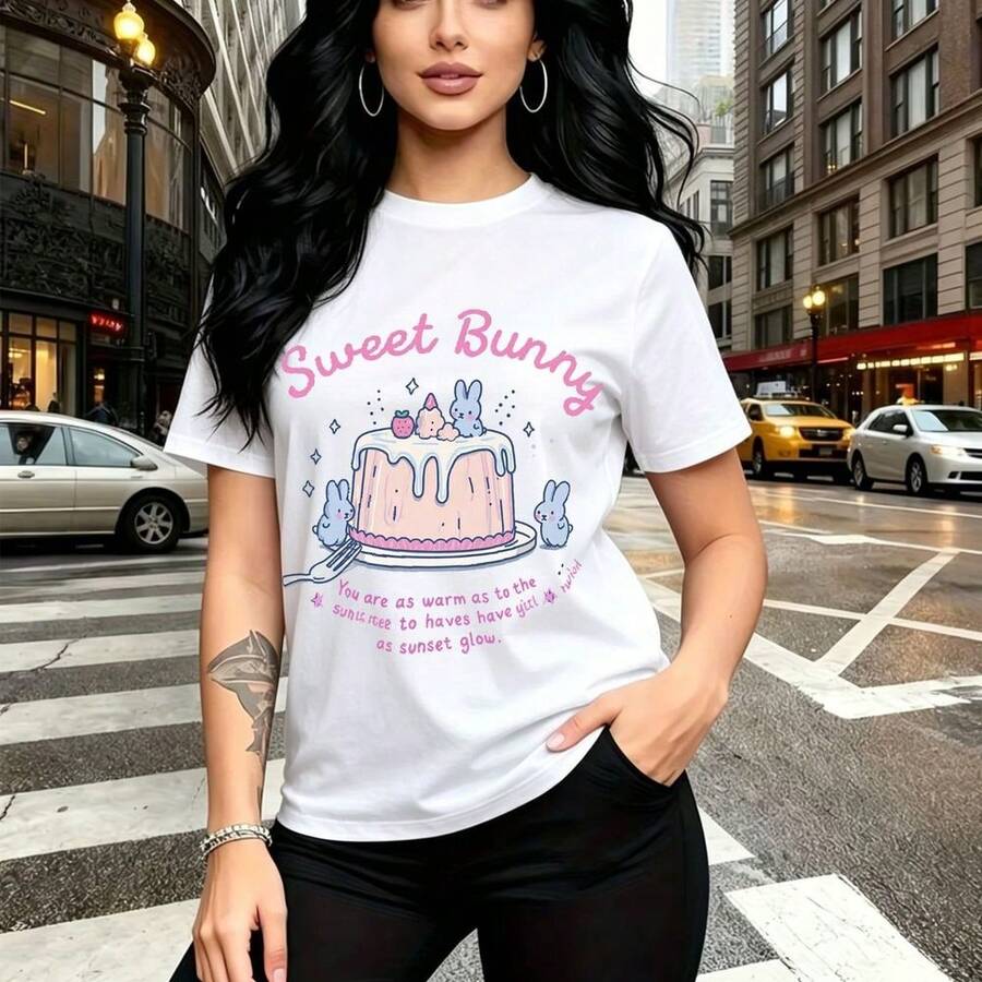 Camiseta de mujer con estampado de conejito dulce y pastel rosa con velas y texto inspirador "Sweet Bunny" - camiseta casual de manga corta, ajuste cómodo y elegante, estilo urbano y divertido - ideal para el Día de la Madre, cumpleaños o regalo perf - Blanco - Ver 1