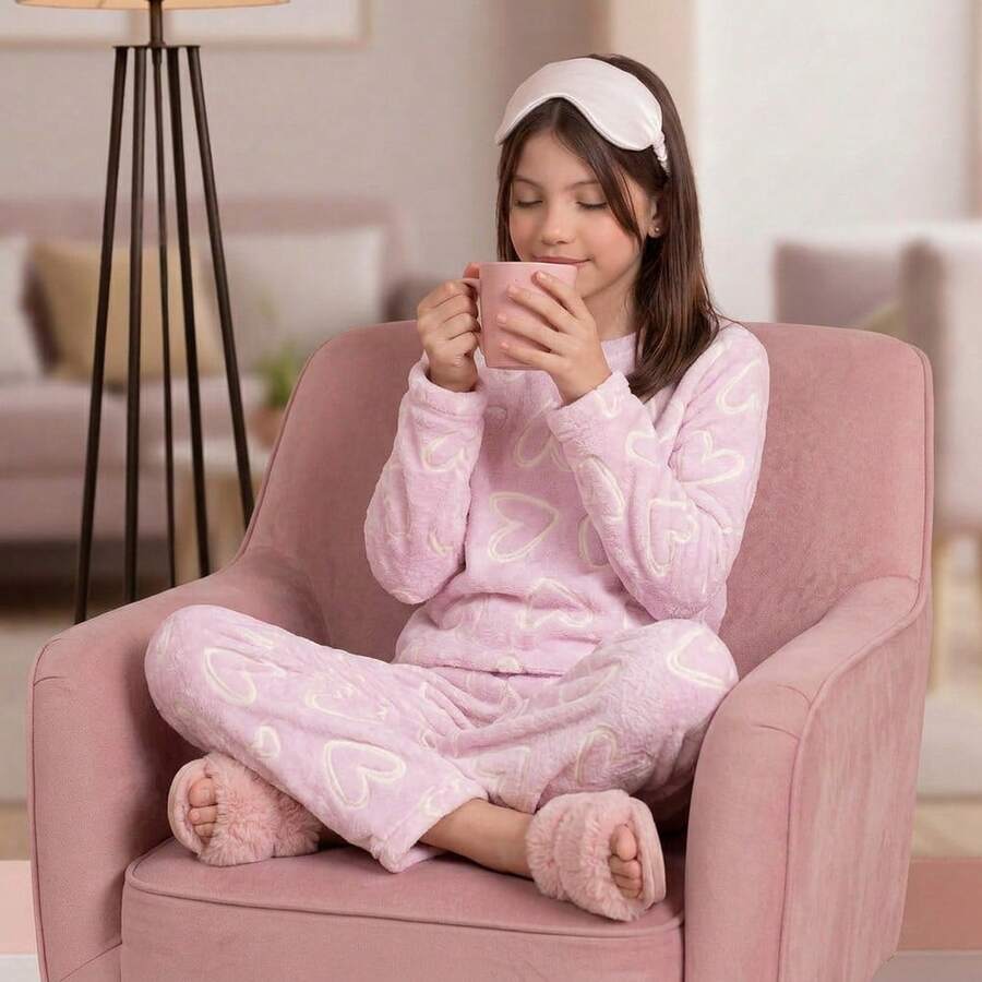 Baby Plush Teddy Pajamas For Winter, Cold Weather, Closed With Heart Design - Coral Pink - View 1