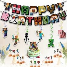 Hasbro Bộ 37 món trang trí bánh kem chủ đề thế giới khối Pixel, bộ banner và cờ trang trí tiệc, cờ treo và trang trí xoắn ốc làm phông nền tiệc sinh nhật ngày lễ - Nhiều màu - Xem 11