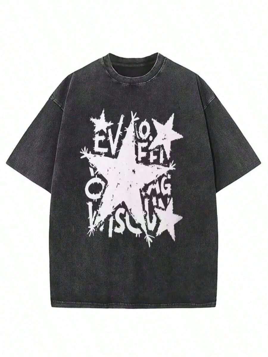 1 camiseta gráfica retro lavada, 100% algodón, camisetas para hombre, camiseta gráfica de algodón, tops 100% algodón, ropa de calle Y2K, camisetas para hombre, conjuntos de verano, ropa de verano, camiseta grunge de algodón lavado con estampado de estrellas y letras Y2K, camiseta de hombros caídos para hombre y mujer, conjuntos de verano para hombre y mujer, 230g Algodón 100%. - Negro - Ver 1