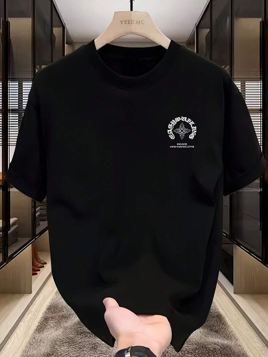 Camiseta de manga corta de cuello redondo versátil 100% algodón puro para hombre, estilo de marca de ropa urbana, camiseta de manga corta con estampado gráfico de verano, blusa para parejas, camiseta sin mangas transpirable y absorbente de sudor. - Negro - Ver 1