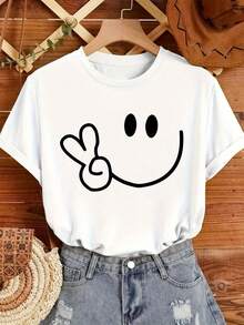 Women's Summer Top With  Face Print, Breathable, Short Sleeve, Round Neck - 白色 - 查看 1