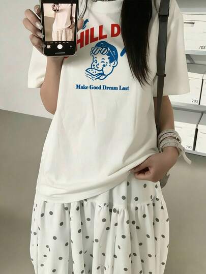 Y2K风格女式宽松休闲圆领字母卡通印花短袖T恤，夏季百搭