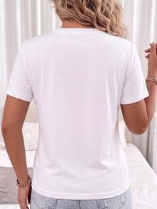 女款快乾白色圓領短袖運動T恤上衣，肩部條紋設計，適合訓練 - 白色 - 查看 6
