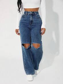 PETITE Jeans de mezclilla con roturas, diseño de moda adecuado para el verano - Azul lavado oscuro - Ver 1