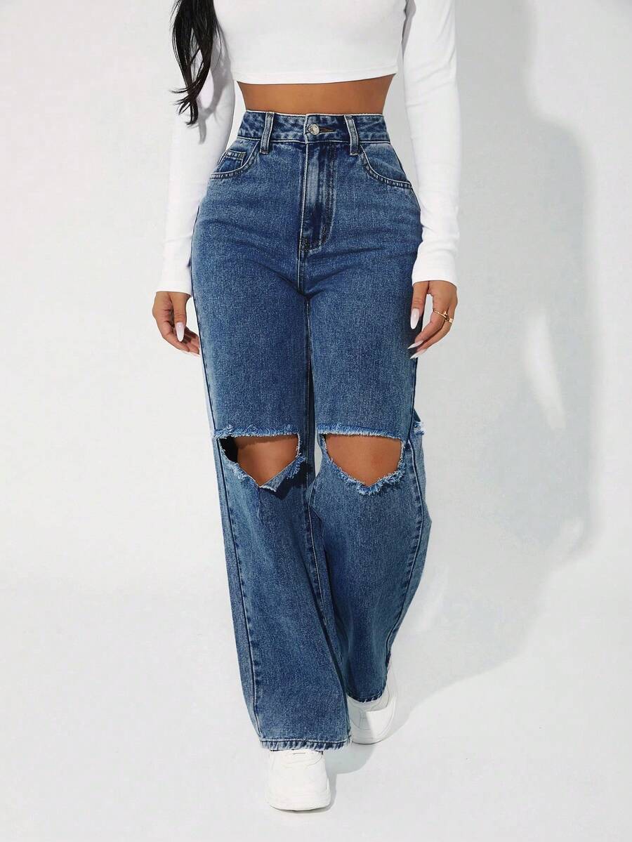 PETITE Jeans de mezclilla con roturas, diseño de moda adecuado para el verano - Azul lavado oscuro - Ver 1