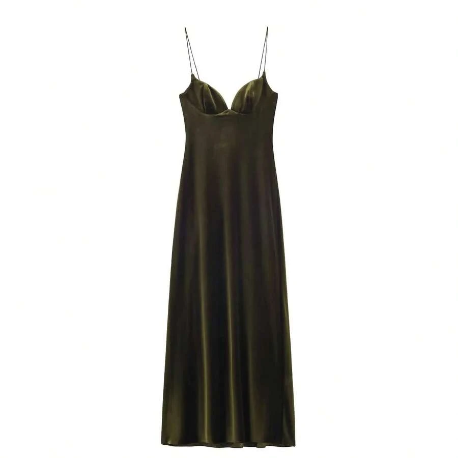 2026 Vestido largo rojo con cuello en V estilo festivo con textura satinada sin mangas de verano para mujer con cremallera trasera vestidos con tirantes a - verde terciopelo - Ver 1