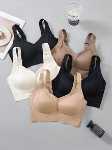 5 piezas Sujetador deportivo clásico y simple para mujer, ropa interior con tirantes ajustables, almohadillas extraíbles y sin aros de acero, cómodo y apropiado para actividades físicas - Multicolor - Ver 1