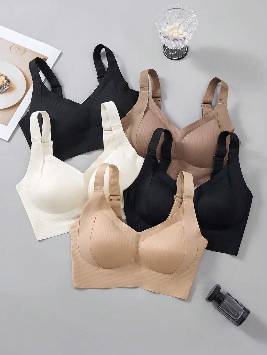 5 piezas Sujetador deportivo clásico y simple para mujer, ropa interior con tirantes ajustables, almohadillas extraíbles y sin aros de acero, cómodo y apropiado para actividades físicas - Multicolor - Ver 1