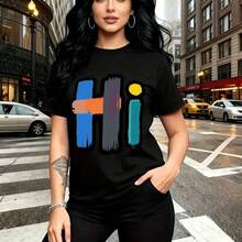 Camiseta de mujer con estampado moderno de letras coloridas estilo pincelada "Hi" en diseño vibrante - camiseta casual de manga corta, ajuste cómodo y elegante, estilo urbano chic para la ciudad - ideal para paseos diarios, citas románticas, reunione - Negro - Ver 11