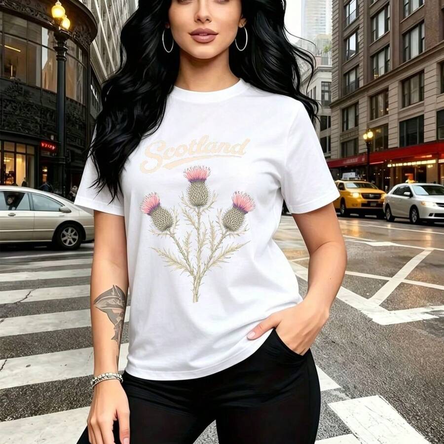 Camiseta de mujer con estampado de chica rubia elegante con la palabra "Scotland" y flores bordadas - camiseta casual de manga corta, ajuste cómodo y moderno, estilo urbano para calles - ideal para vacaciones, paseos diarios y regalo perfecto para ma - Blanco - Ver 1