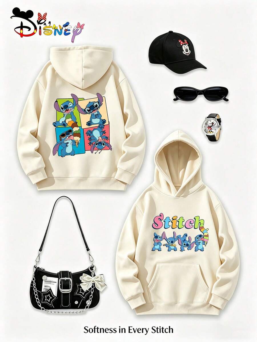 Disney Lilo & Stitch Retro Y2K Printed Hooded Sweatshirt, Soft Elastic Warm Skin-Friendly Fabric Pullover, Vivid Diversified Stitch Cartoon Themed Prints, Relaxed Loose Cut Brings Unrestrained Wearing Experience, Lovely Lively Styling Fits Daily Leisure And Various Occasions, Fine All-Match Autumn Winter Women Garment, Premium Holiday Matching Outfit And Wonderful Gift Choice, Patterned Hoodies, Printed Tops, Casual Daily Outfits, Women Sweatshirts & Hoodies, Tops De Mujer - Màu be - Xem 1