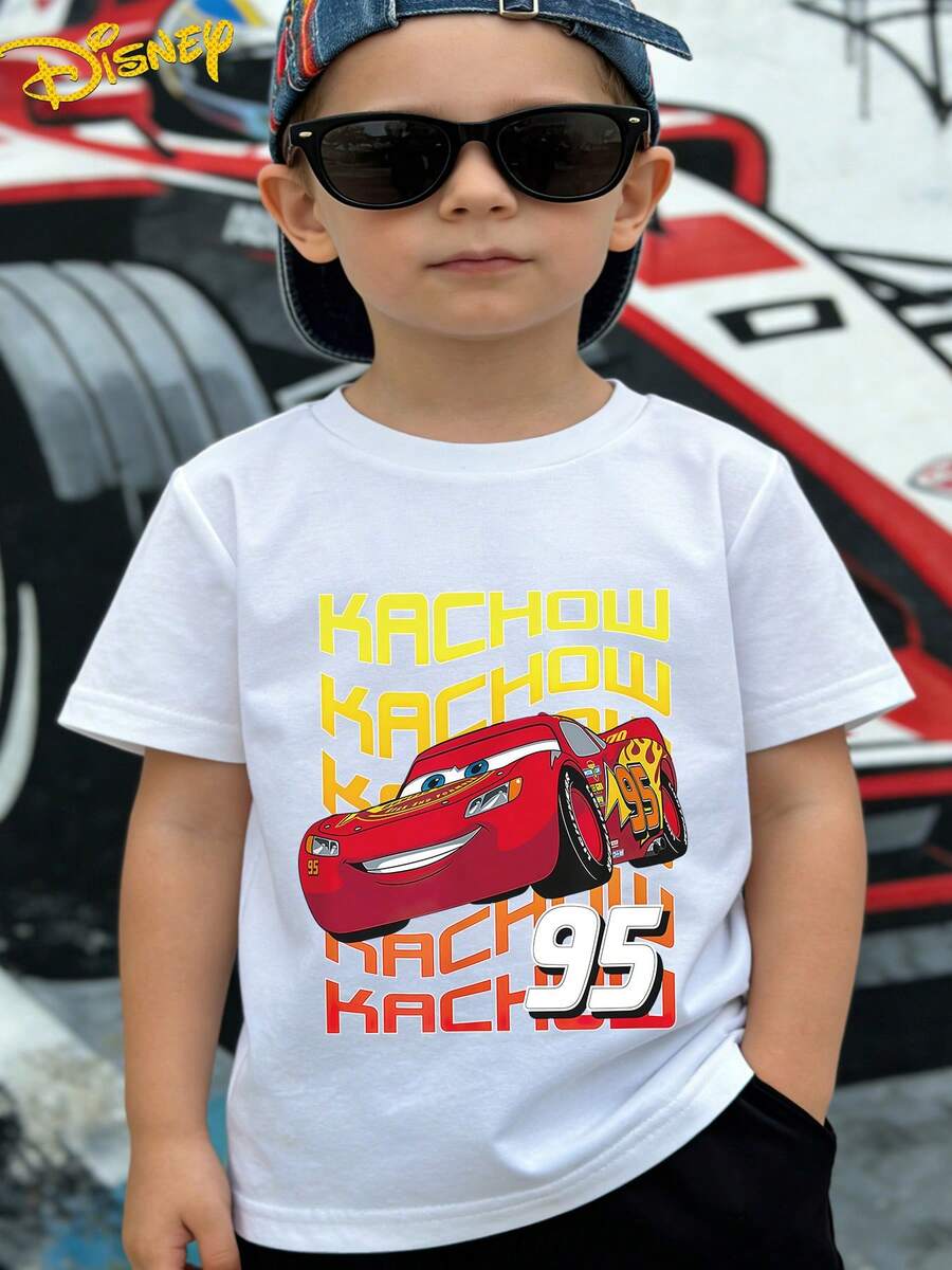 Disney Cars Lightning Mcqueen No. 95 Summer Cool Cartoon Graphic With English Lettering Casual Sports Outdoor Multi-Functional Short Sleeve T-Shirt, Stylish And  Boys' Clothing Suitable For Boys Aged 12 And Under For Daily Home, School - 白色 - 查看 1