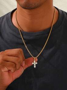 1 pieza Collar de cruz de circonita chapado en oro de 18K para hombres, joyería religiosa minimalista y exquisita, accesorio personalizado llamativo, adecuado para uso diario y ocasiones de hip-hop - Dorado - Ver 2