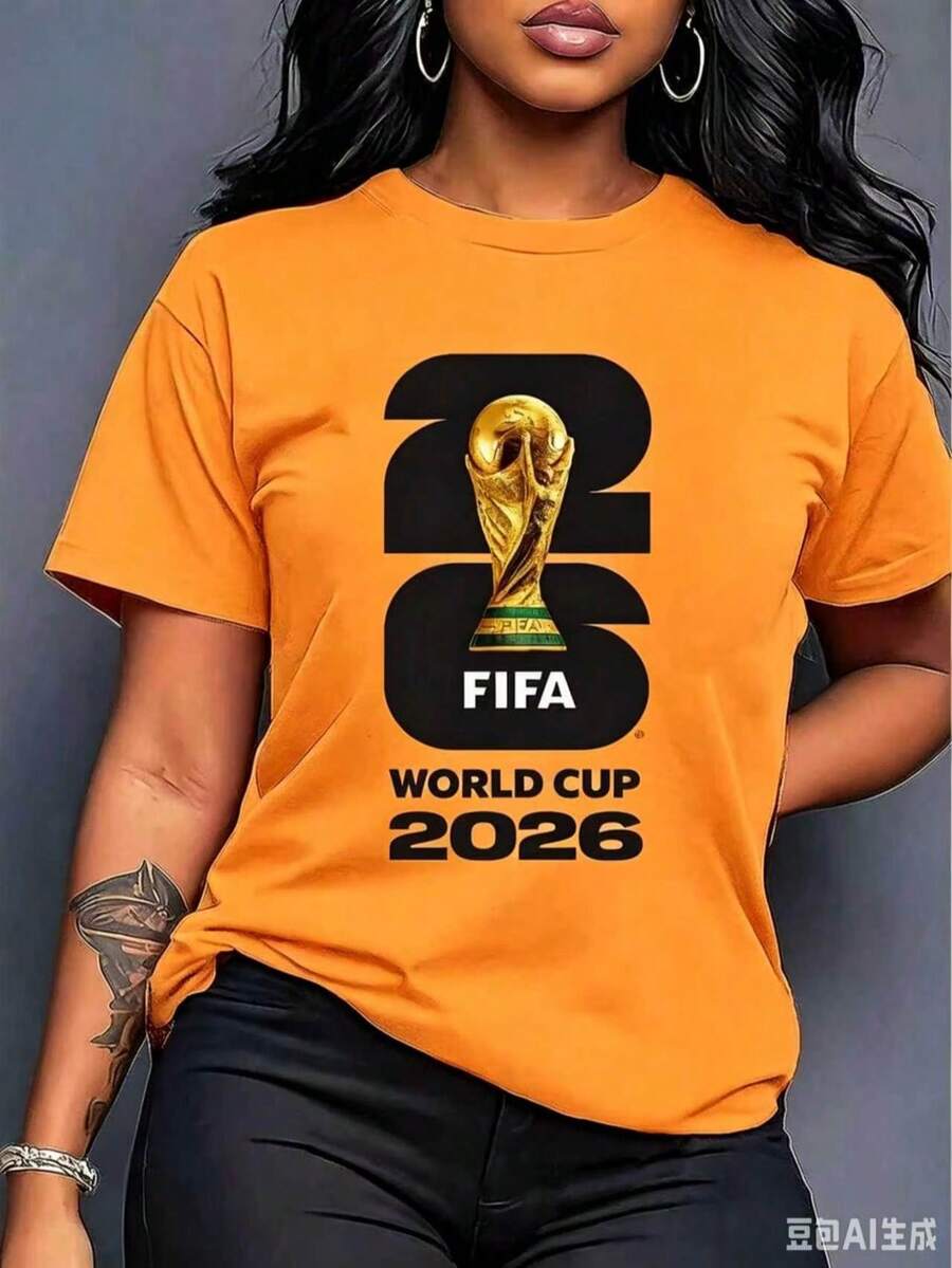 [Official FIFA World Cup Licensed]Graphic[FIFA World Cup Licensed]2026 World Cup, Football-Themed Fun Printed Short-Sleeve T-Shirt, Street Style Print Design, Summer Top, A Must-Have For Fans, Available In Men's And Women's Styles, Suitable As A Birthday Gift For A Boyfriend T-Shirt - 橘色 - 查看 1